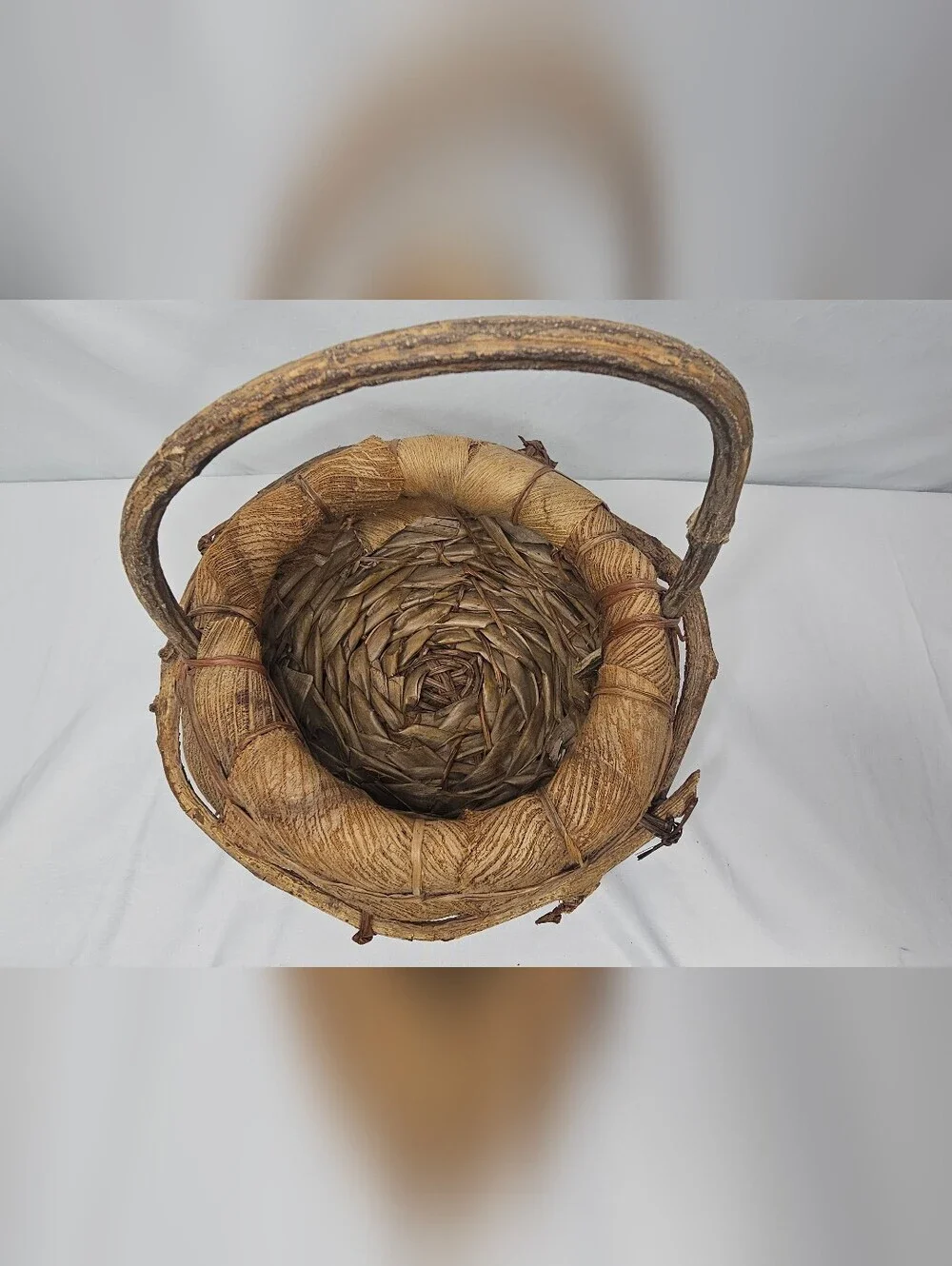 Vintage Rustic Folk Art Basket Natural Coconut Palm Spathe Fiber Grapevine Vine